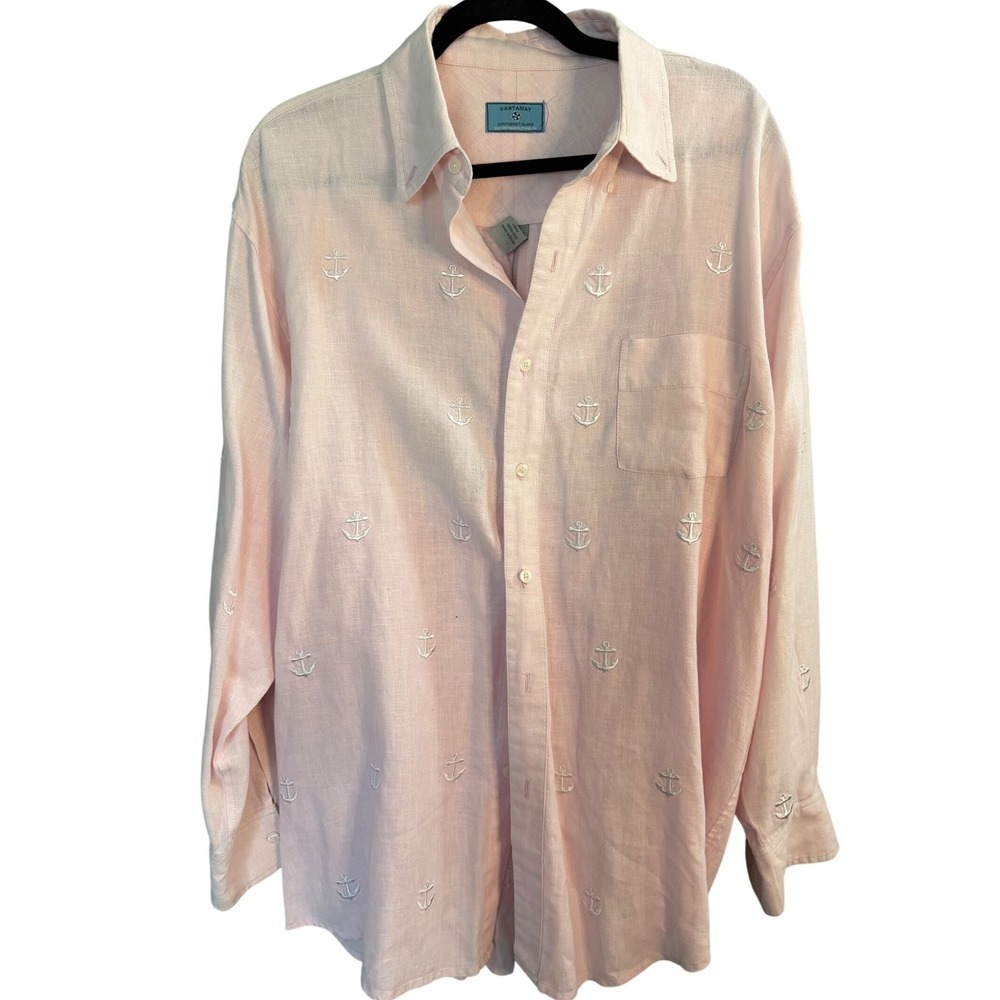Castaway Button Up Linen Shirt Mens L Pink Anchor Relaxed Nautical Vacation Boho